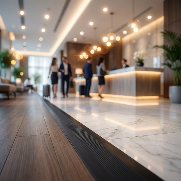 Übergangsprofil zwischen Holzboden und Marmorboden in einer Hotellobby mit verschwommenen Personen im Hintergrund.