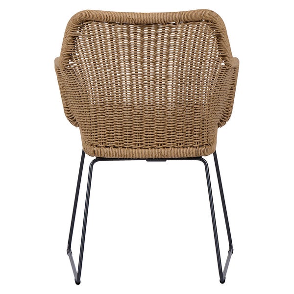 Gartenstuhl mit Armlehne und geflochtener Sitzfläche und Rückenlehne auf Metallbeinen