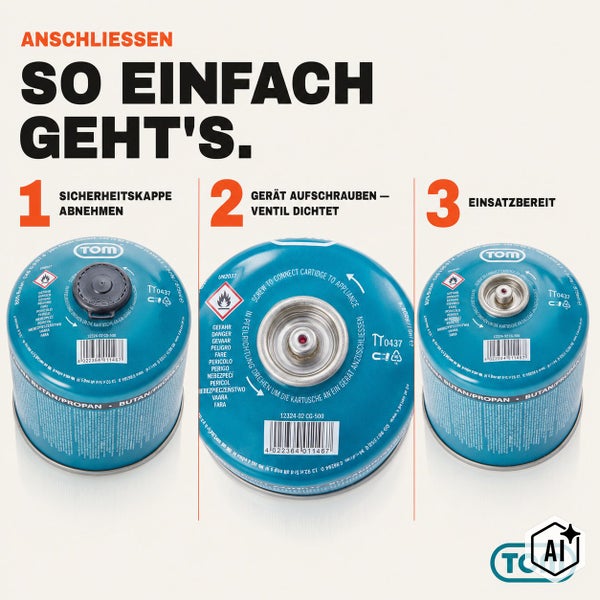 Anleitung zum Anschließen einer Tom Butan Propan Gaskartusche in drei einfachen Schritten.