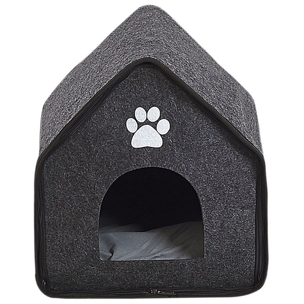 Graue Hundehöhle aus Filz mit Pfoten-Motiv in einem modern eingerichteten Flur neben einem schwarzen Garderobenständer und einem Holzschrank.