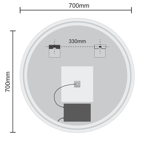 Technische Zeichnung der Rückseite eines runden Spiegels mit einem Durchmesser von 700 Millimetern und einem Befestigungsabstand von 330 Millimetern.
