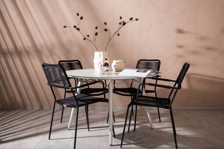 Lina Gartenset Tisch Ø120cm beige, 4 Stühle Lindos schwarz. 120 X 120 X 74 cm