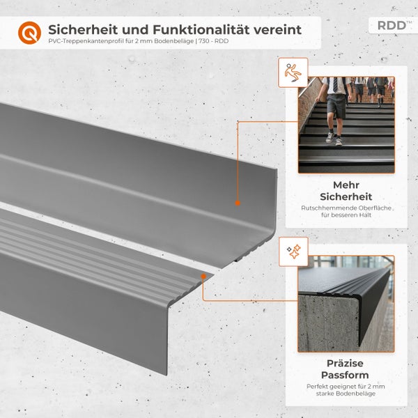 PVC-Treppenkantenprofil für 2 Millimeter Bodenbeläge mit rutschhemmender Oberfläche für Sicherheit und präziser Passform.