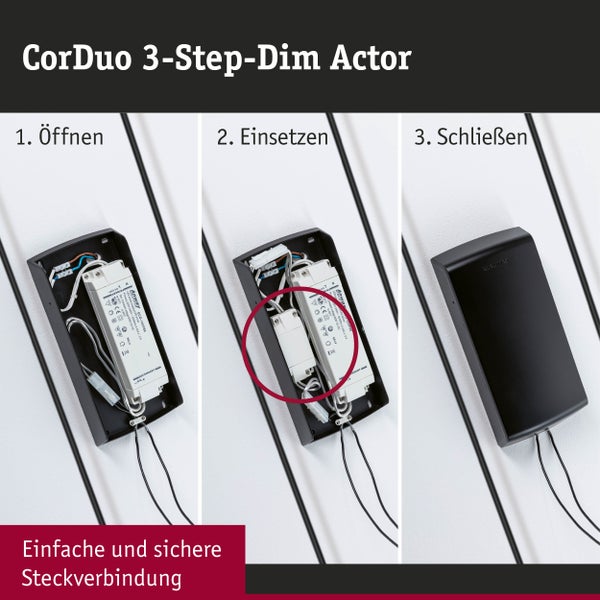 Set aus drei Paulmann LED Einbaustrahler mit Maßangaben und Installationshinweisen für LED Coin oder LED GU10 Leuchtmittel.