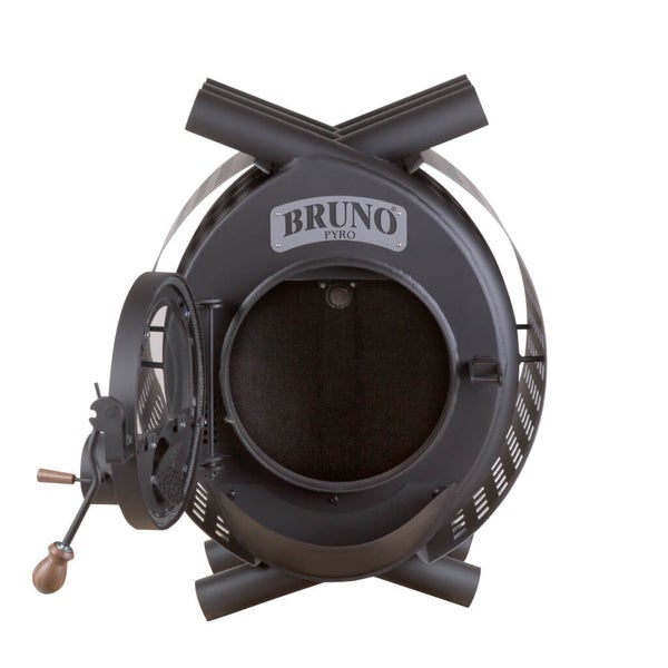 Holzofen mit offener Tür und Bruno Pyro Logo