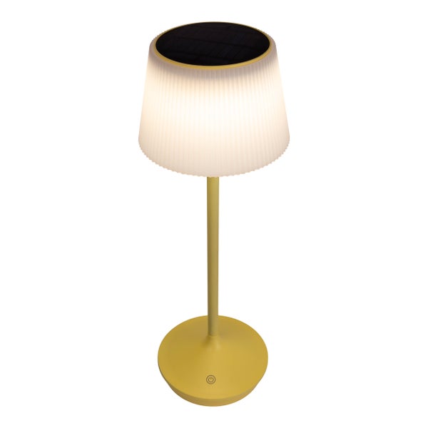 Solar-Akkutischleuchte EMMI  38 cm hoch, Schirm Ø 13 cm, Metall in Gelb und weißer Kunststoff, für den Außenbereich, dimmbar CCT.