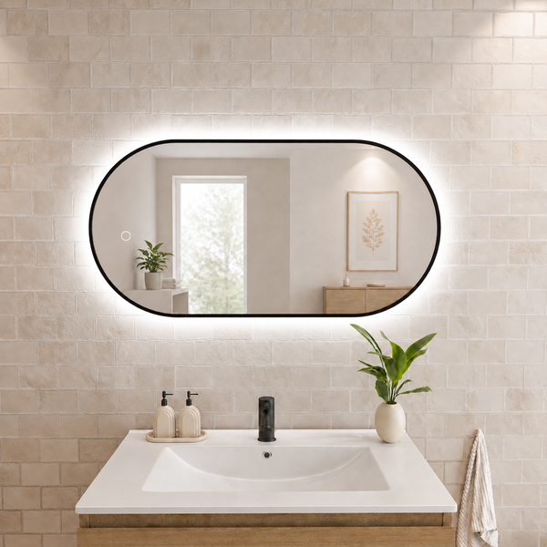 Ovaler LED Wandspiegel mit schwarzem Rahmen über einem modernen Waschbecken mit Armatur und Fliesenwand in einem Badezimmer.