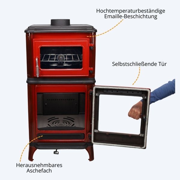 Roter Kaminofen mit Backfach, Hochtemperatur-Emaille-Beschichtung, selbstschließender Glastür und herausnehmbarem Aschefach.