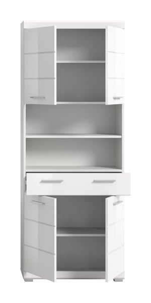 Hochschrank in Weiß Hochglanz mit vier offenen Türen, einem offenen Fach und einer offenen Schublade.