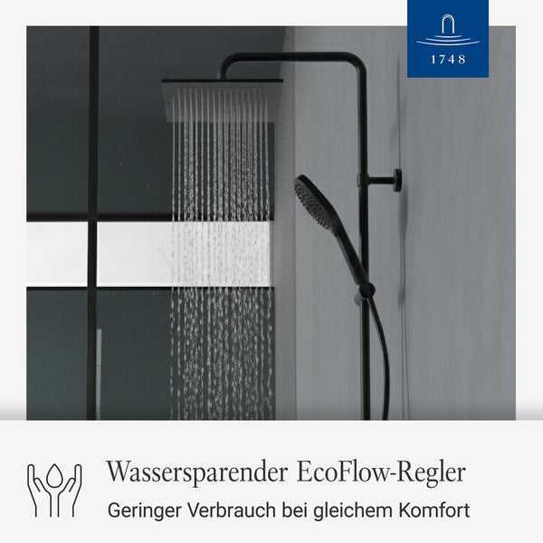 Moderne Regendusche mit Handbrause und wassersparendem Regler in einem Badezimmer
