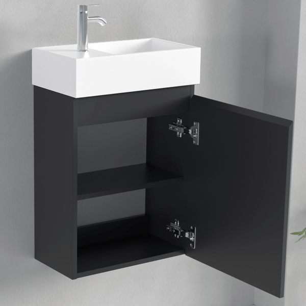 Wandhänge-Waschtischunterschrank mit geöffneter Tür und integriertem Waschbecken inklusive Armatur für ein modernes Badezimmer.