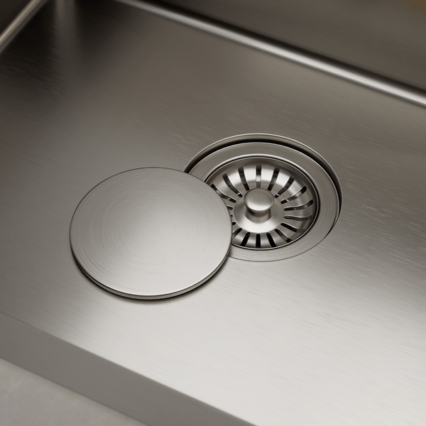 Edelstahlspüle mit rundem Ablaufventil und abnehmbarer Abdeckung aus Metall