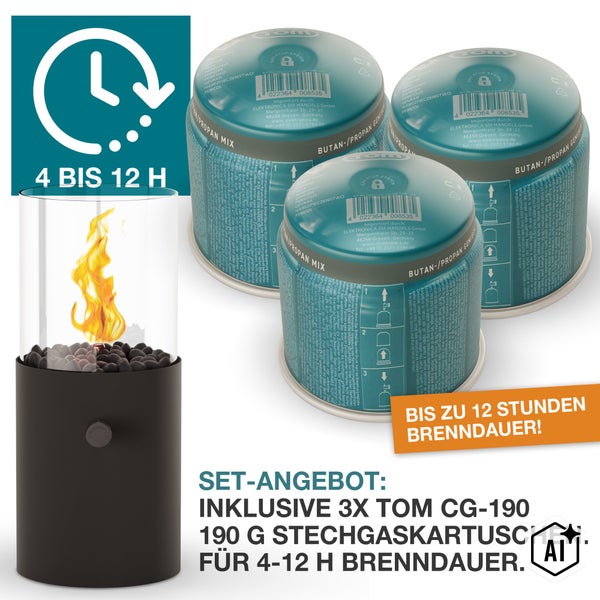 Tischkamin mit drei Butan Propan Gaskartuschen und einer Brenndauer von bis zu 12 Stunden.