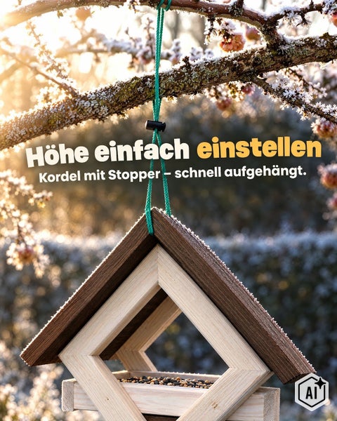 Vogelhaus aus Holz mit verstellbarer Kordel und Stopper zur einfachen Höhenjustierung an einem winterlichen Baum hängend.