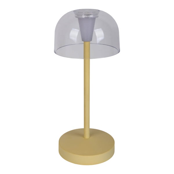 Tischleuchte mit durchsichtigem Lampenschirm und rundem Fuß