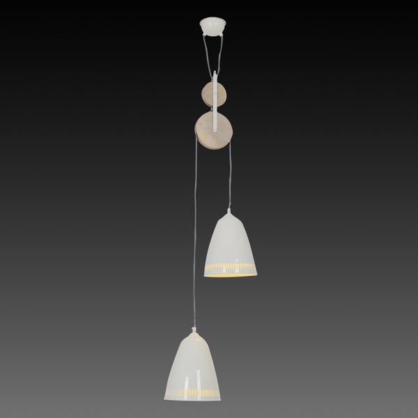 Pendelleuchte mit zwei Schirmen und Holzdetails