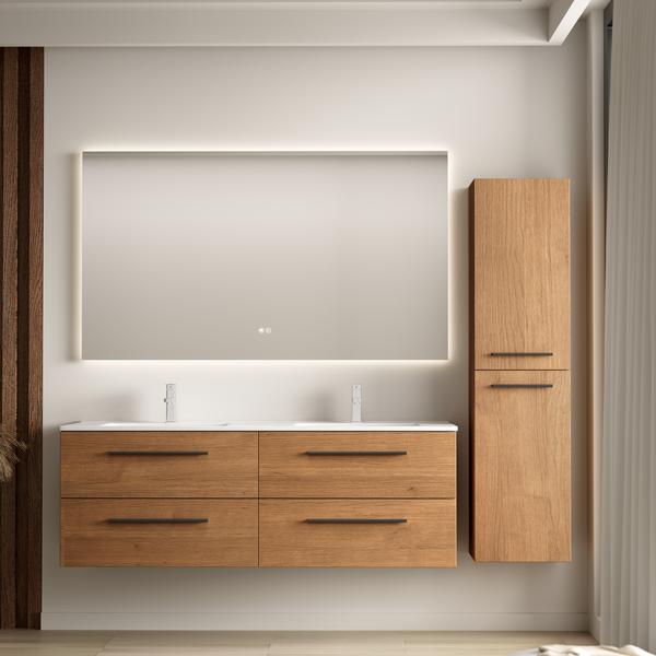 Modernes Badezimmermöbel Set mit Doppelwaschtisch, Holzoptik, beleuchtetem Spiegel und Hochschrank in minimalistischem Design.