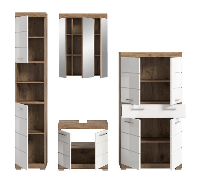 Vierteiliges Badezimmermöbel-Set in Eichenoptik mit weißen Fronten, bestehend aus Hochschrank, Spiegelschrank, Unterschrank und Beistellschrank.