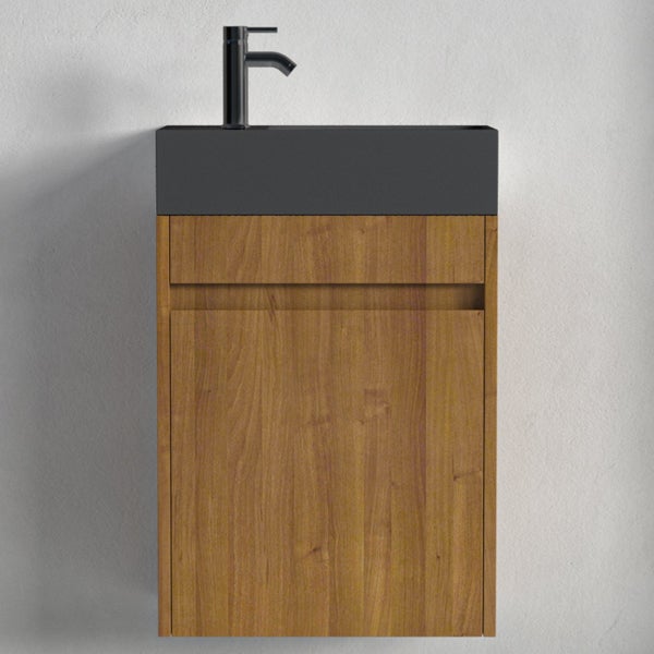 Hängender Waschbeckenunterschrank aus Holzoptik mit dunklem Waschbecken und Armatur für das Badezimmer.