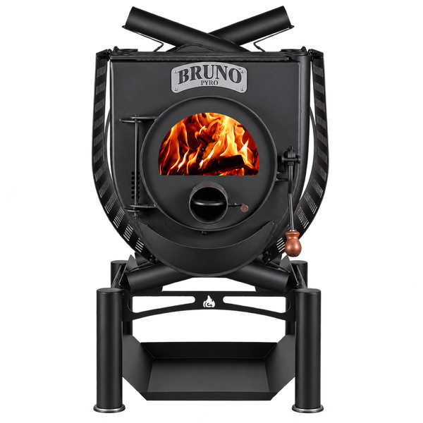Bruno Pyro Kaminofen mit Sichtfenster und brennendem Feuer auf einem Gestell