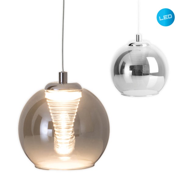 Zwei LED-Pendelleuchten mit runden Glasschirmen