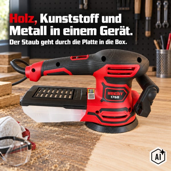 Exzenterschleifer Hecht 1768 mit Staubbox im Vergleich zur Standardausstattung dargestellt auf einer Werkbank.