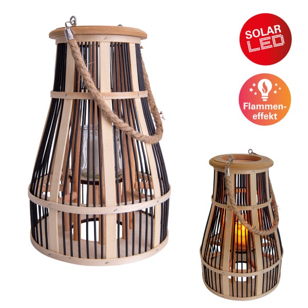 Dekorative Solar LED Laterne mit Flammeneffekt und Bambusgehäuse