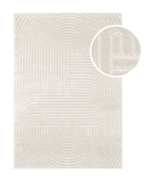Moderner hellbeiger rechteckiger Teppich mit geometrischem Muster aus geschwungenen Linien und Detailansicht der gewebten Textur.
