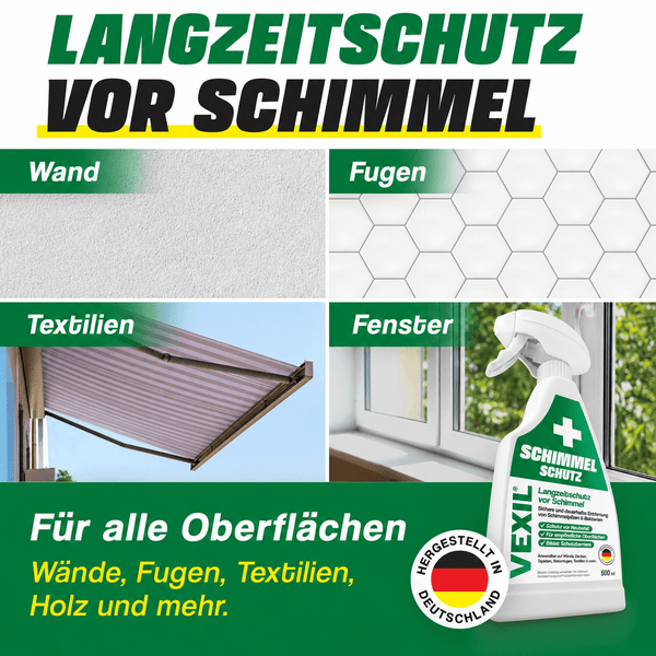 Vexil Schimmelschutz Spray für Wand, Fugen, Textilien und Fenster zur langfristigen Vorbeugung von Schimmelbefall in einer 500 Milliliter Flasche.