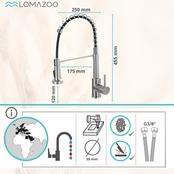 Technische Zeichnung einer Lomazoo Küchenarmatur mit Federzugbrause und Maßangaben sowie Symbolen für Montage, Anti Fingerabdruck und Kratzschutz.