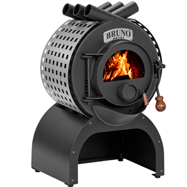 Bruno Mini Kaminofen mit Holzfeuer in einer Stahlkonstruktion auf einem Standfuß