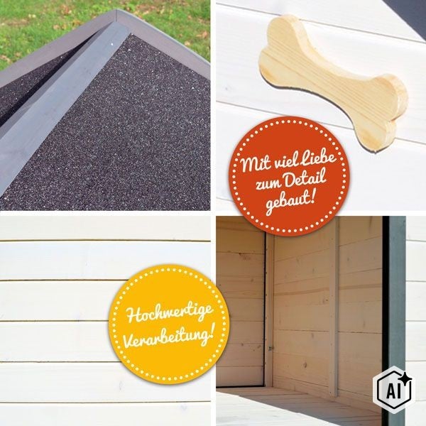 Detailaufnahmen einer Hundehütte aus Holz mit Dachpappe, dekorativem Knochenelement und hochwertiger Holzverarbeitung.