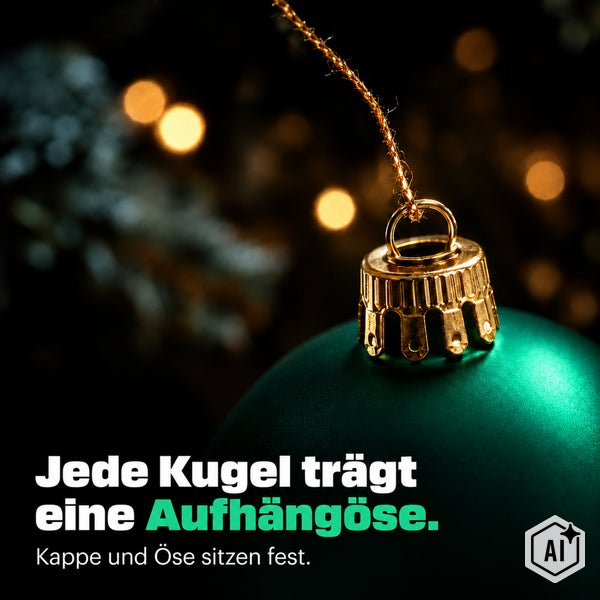 Weihnachtskugel mit Aufhängeöse und stabiler Kappe zur Dekoration des Weihnachtsbaums.