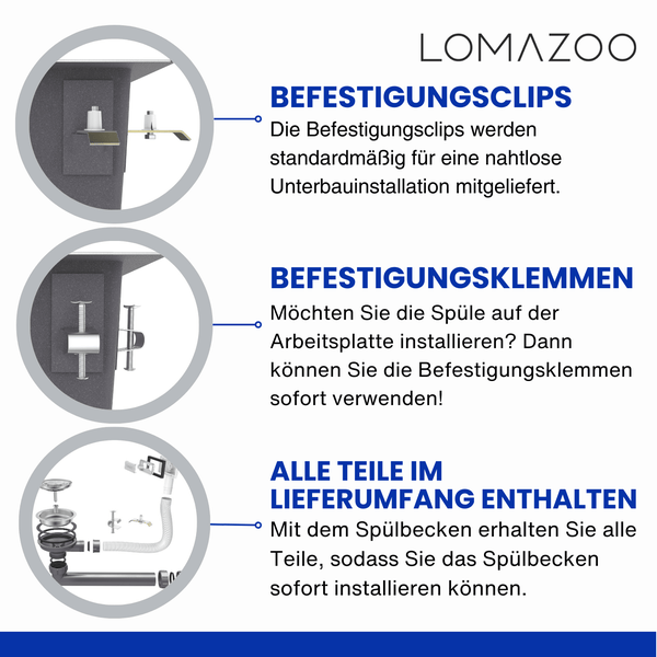 Lomazoo Spülbecken Montagehinweise zeigen Befestigungsclips für Unterbau, Befestigungsklemmen für Aufbau und das enthaltene Ablaufset.