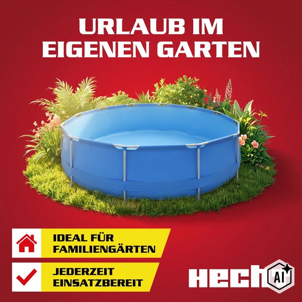 Hecht Rundpool auf einer Grasfläche mit Gartenbepflanzung für den Garten zur Erholung inklusive Hecht Logo