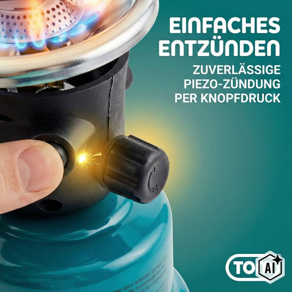 Gaskocher mit Piezozündung von TOM, betätigt per Knopfdruck für einfaches Entzünden.