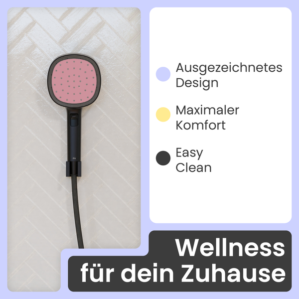 Handbrause mit quadratischem Brausekopf, Merkmalen wie exzellentem Design, maximalem Komfort und einfacher Reinigung für das Badezimmer.