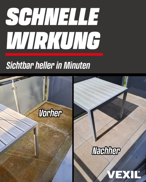 Vorher und Nachher Vergleichsbild zur Reinigung von Terrassenplatten und Gartenmöbeln durch das Vexil Reinigungsmittel mit schneller Wirkung.