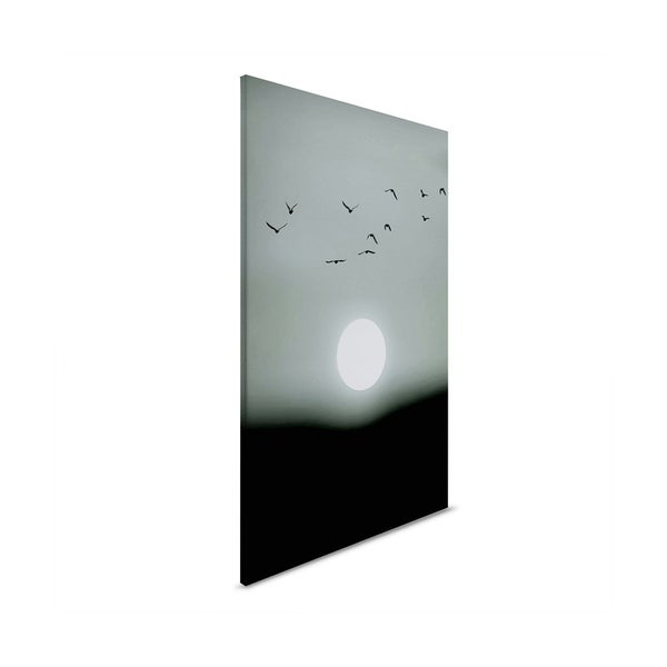 Wandbild mit Sonnenaufgang und Vogelschwarm