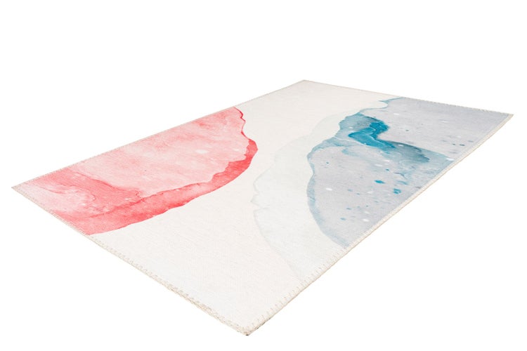 Rechteckiger Teppich mit abstraktem Aquarellmuster in roten und blauen Tönen auf hellem Hintergrund mit gekettelten Rändern.