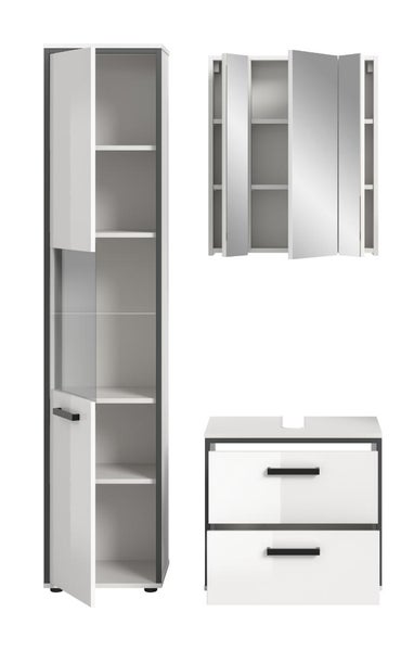 Badezimmermöbel-Set bestehend aus Hochschrank, Spiegelschrank und Waschbeckenunterschrank in Weiß und Dunkelgrau.