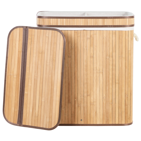 Rechteckiger Wäschekorb aus vertikalen Bambuslamellen mit separatem Deckel und Stoffauskleidung.