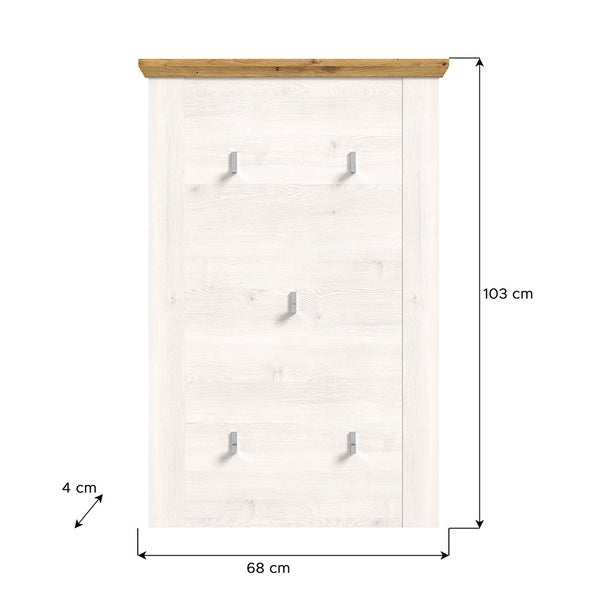 Garderobenpaneel in weißem Holzdekor mit hölzerner Ablage, 5 Metallhaken, Maße 103 mal 68 mal 4 Zentimeter.