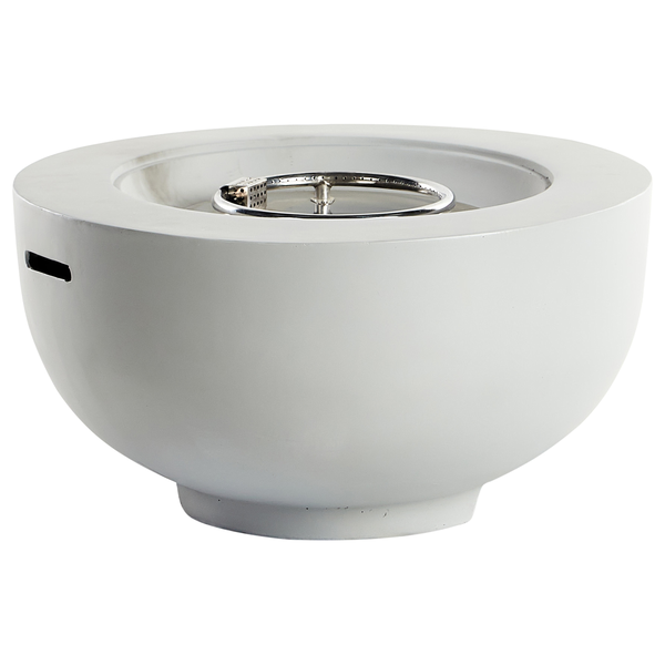 Runde Gas-Feuerschale aus grauem Beton mit Lavasteinen und kreisförmigem Brenner.