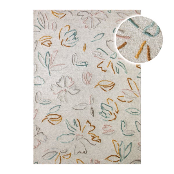 Rechteckiger Teppich mit floralem Muster aus farbigen Linienzeichnungen von Blumen und Blättern sowie Detailansicht der Textur.