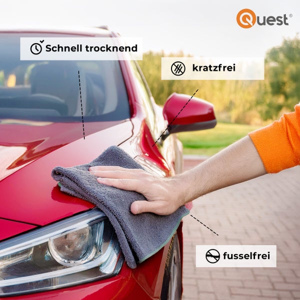 Quest Logo. Reinigung eines Autos mit einem Mikrofasertuch. Eigenschaften: schnell trocknend, kratzfrei und fusselfrei.