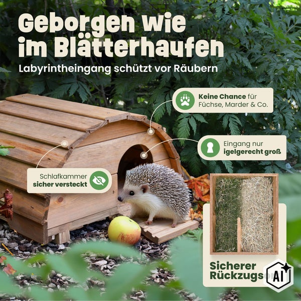 Igelhaus aus Holz mit labyrinthartigem Eingang zum Schutz vor Fressfeinden und sicherem Schlafbereich im Garten.