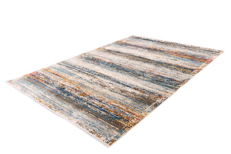 Rechteckiger Teppich mit modernem, abstraktem Streifenmuster in Blau und Orange.