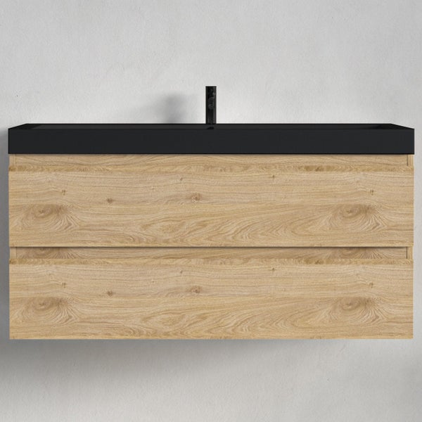Waschtischunterschrank mit zwei Schubladen in Holzoptik, integriertem schwarzen Waschbecken und Armatur.