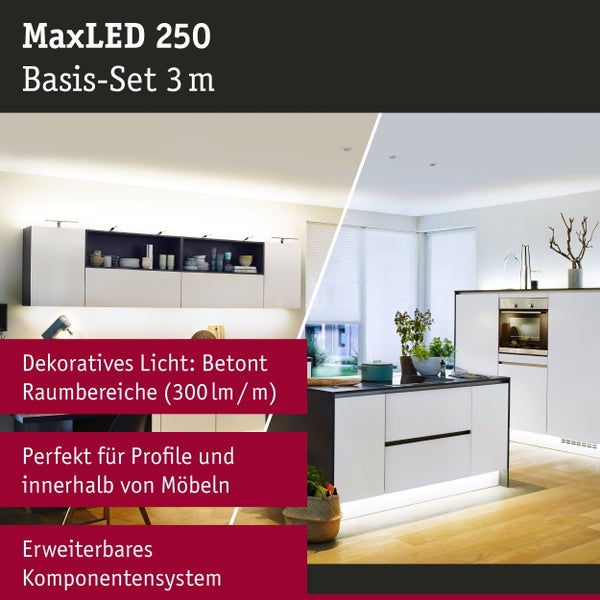 MaxLED 250 Basis Set 3 Meter LED Streifen zur dekorativen Beleuchtung in moderner Küche mit Kücheninsel und Hängeschränken.